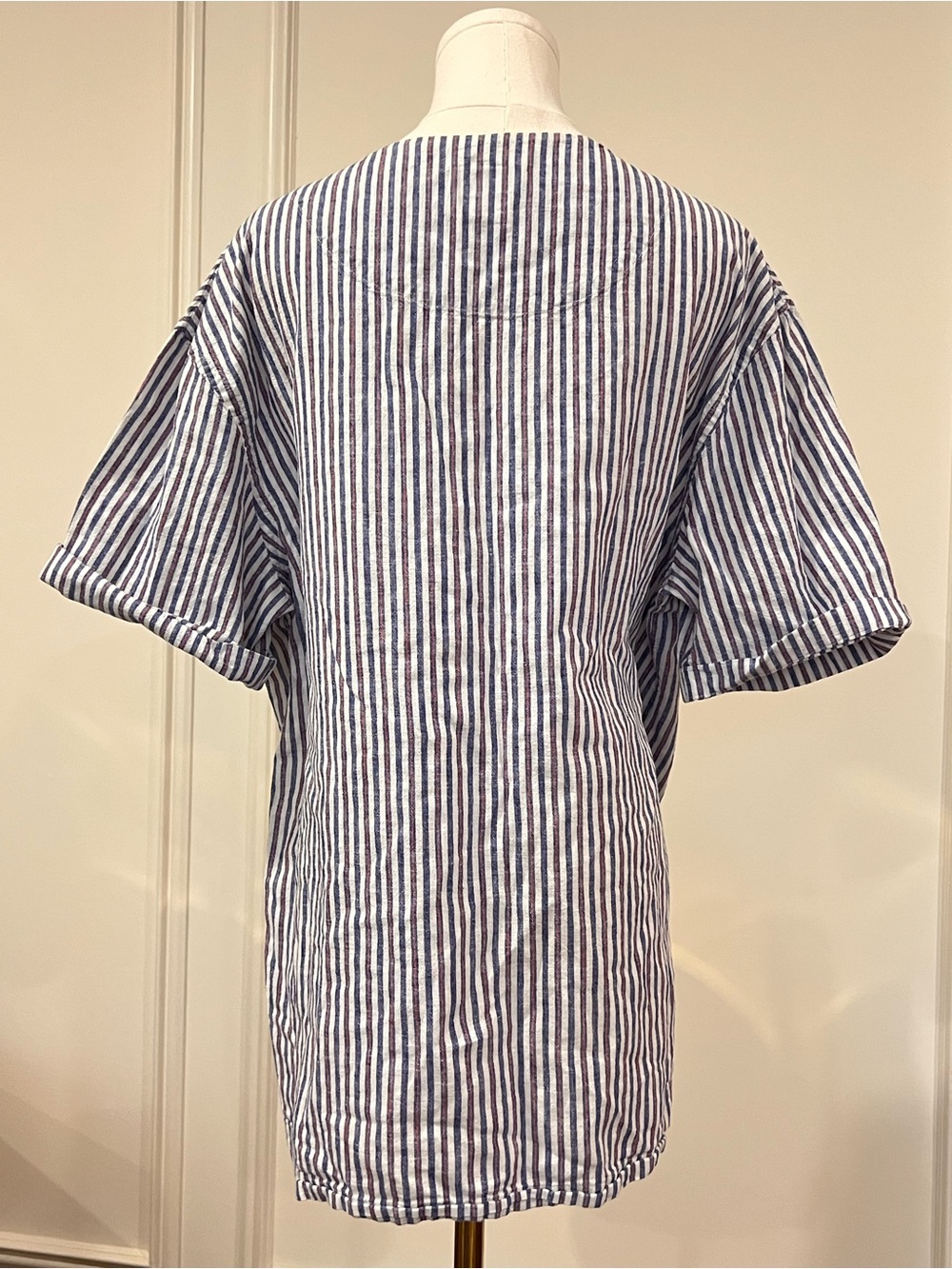Zara Striped Linen Blend Relaxed Tee Blue Red Nautical Coastal Summer Sz L